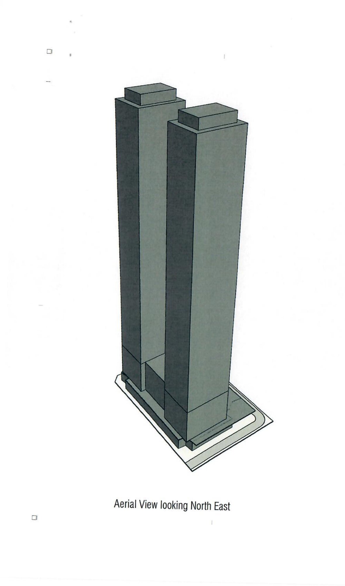 Aerial view of the proposed twin towers looking north-east.