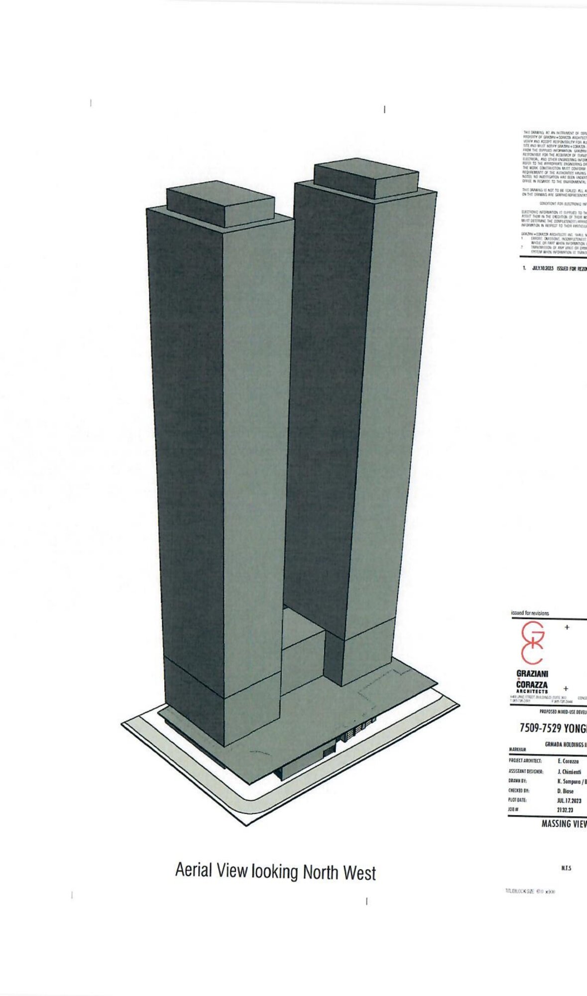 Aerial view of the proposed twin towers looking north-west.