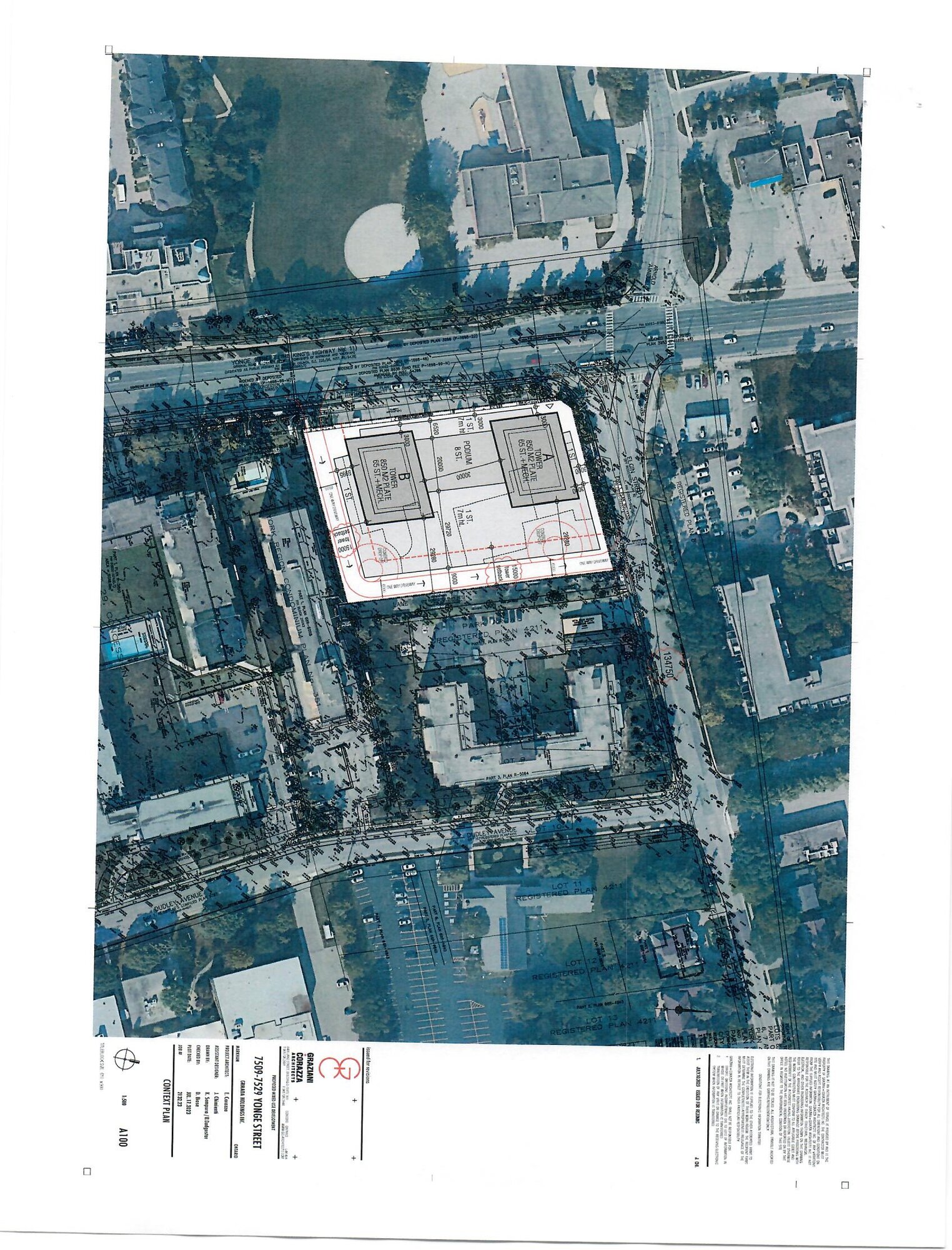 Aerial photograph of the 7509–7529 Yonge Street site with the proposed building footprint overlaid.