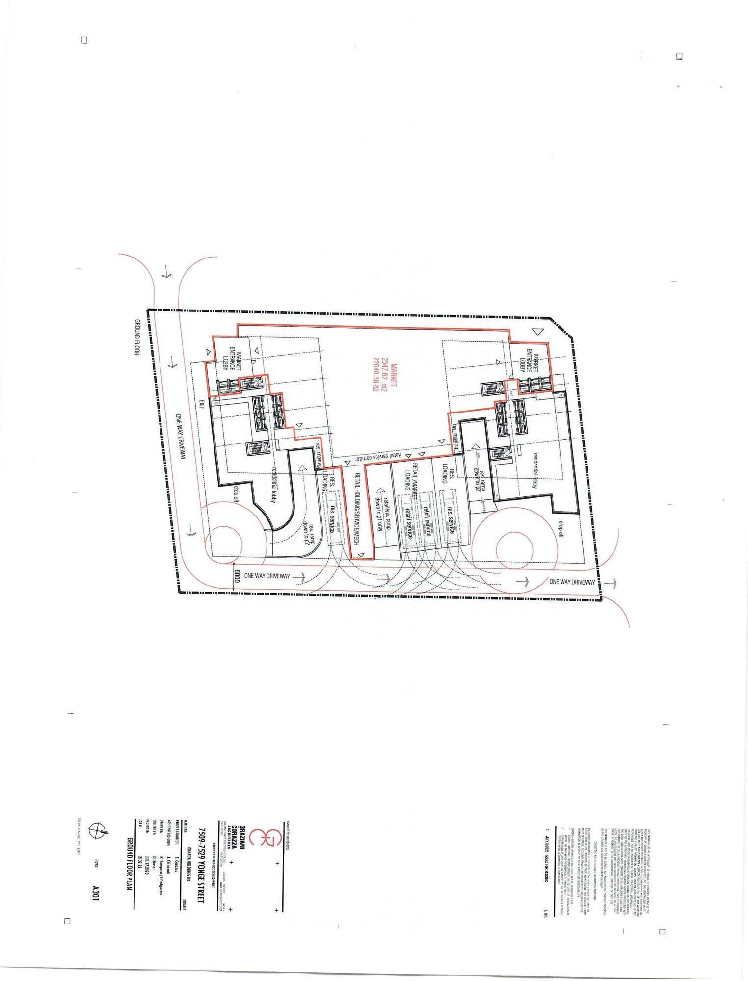 Ground floor plan showing market and retail at grade, residential lobbies, loading and driveways.