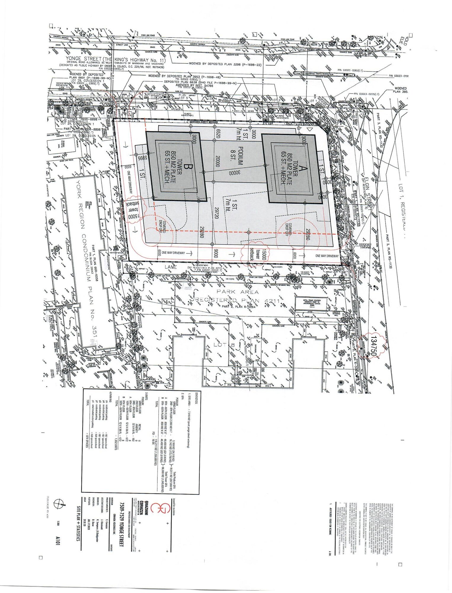 Site plan and statistics for 7509–7529 Yonge Street, showing twin tower footprints, podium, setbacks and driveways.