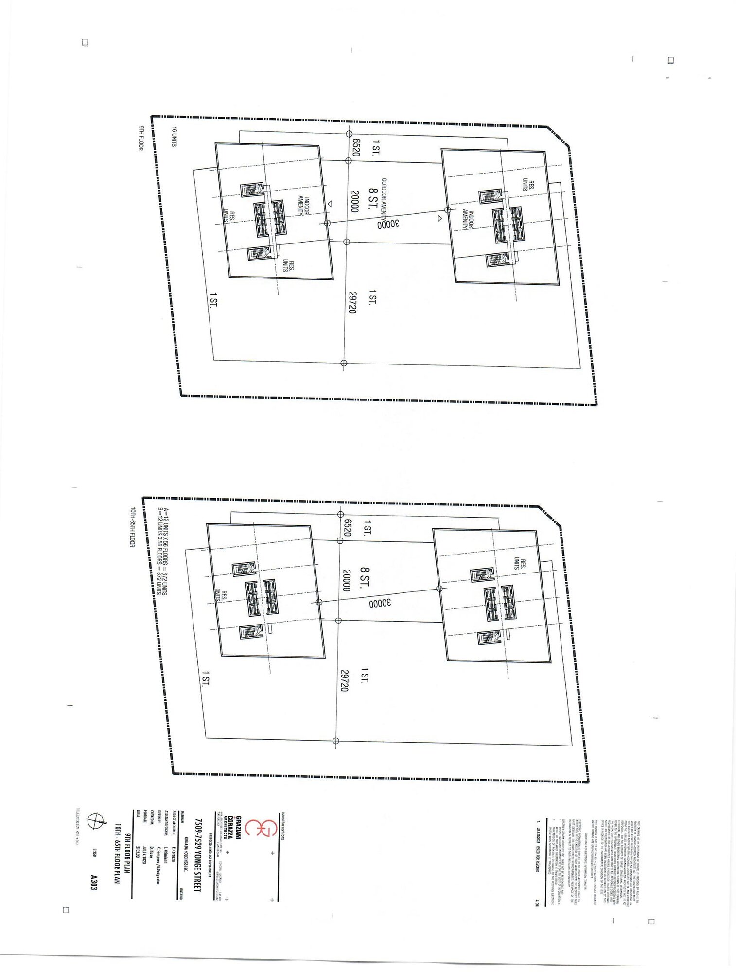 Typical residential tower floor plan with twin floorplates, central cores and unit layouts.